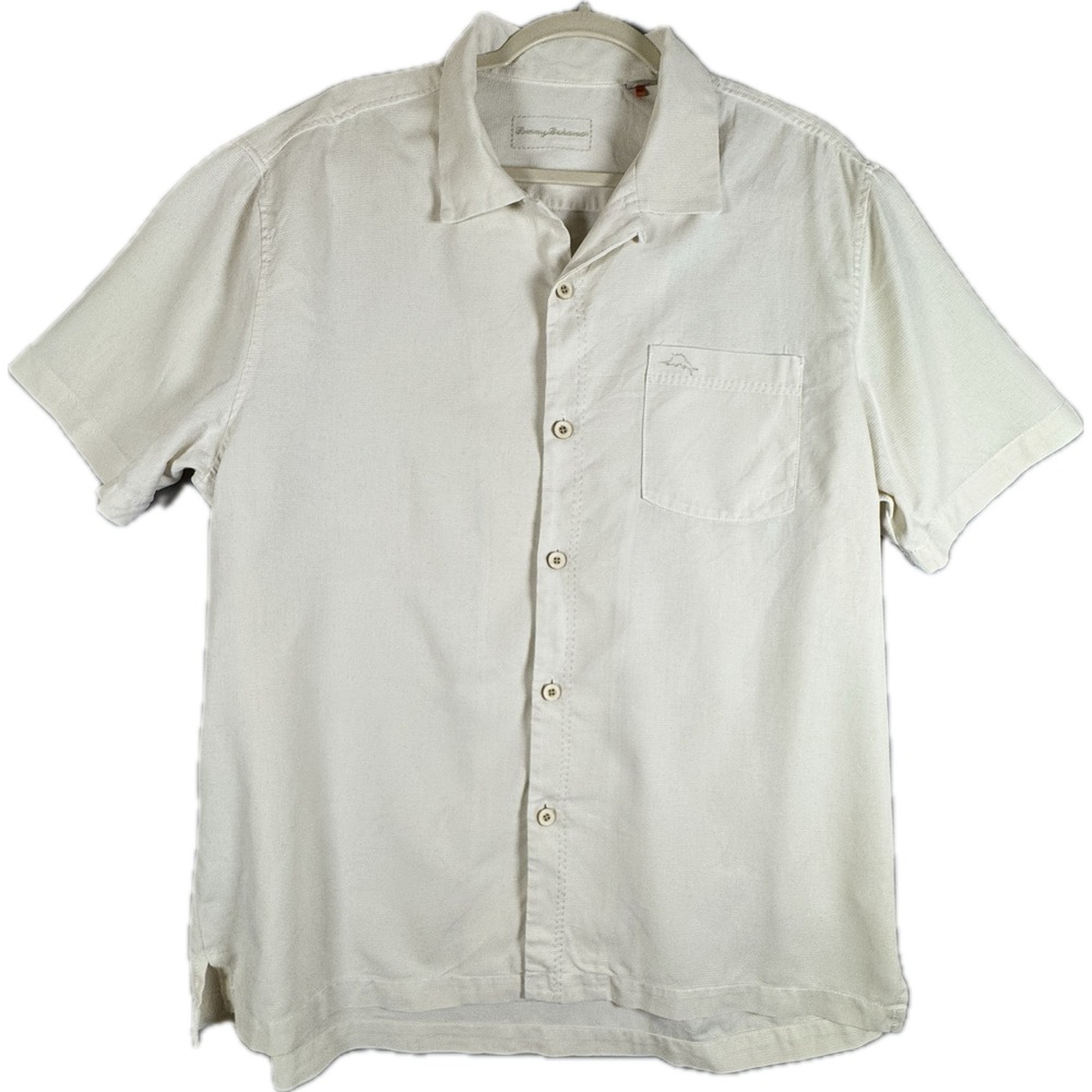 Tommy Bahama Shirt Mens Large Cream Silk Blend Short Sleeve Waffle Knit